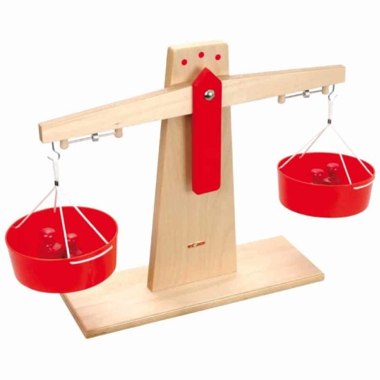 The Educo wooden scales are used for learning to measure and weigh by balancing weights or comparing the weight of various objects.