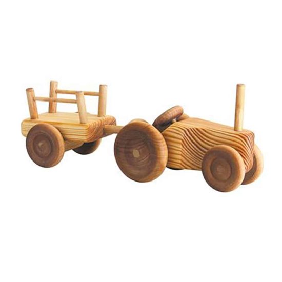 Small wooden toy tractor with cart - Debresk Sweden