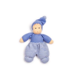 Mopschen doll - blue stripes (28 cm) - Nanchen Natur Puppen - Teia Education Switzerland
