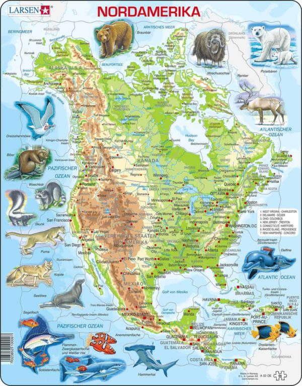 Maxi puzzle North America with animals A32 - German - Larsen