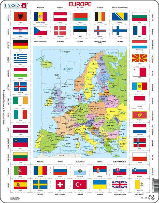 Maxi puzzle flags and political map of Europe: English - Larsen - Teia ...