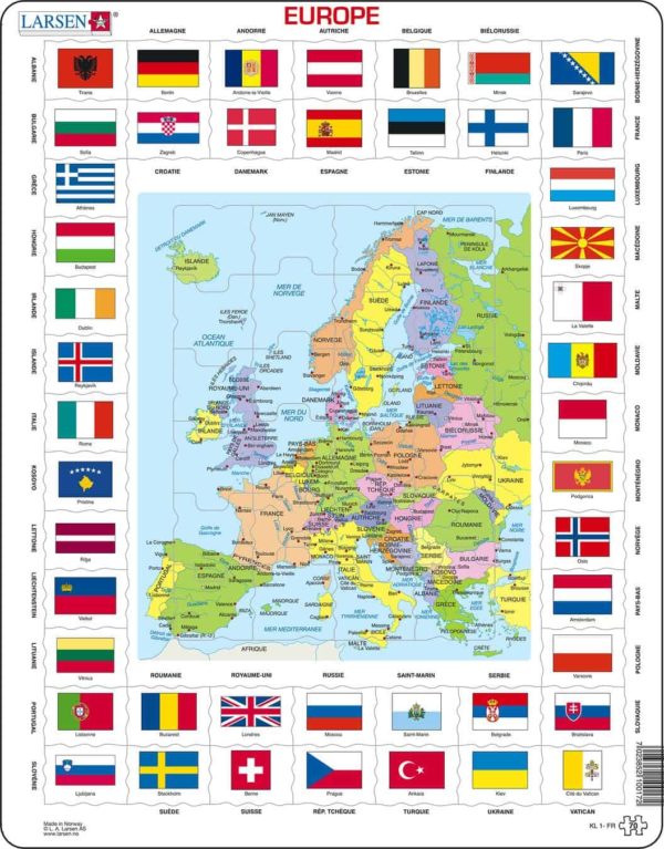Maxi puzzle flags and political map of Europe: French - Larsen