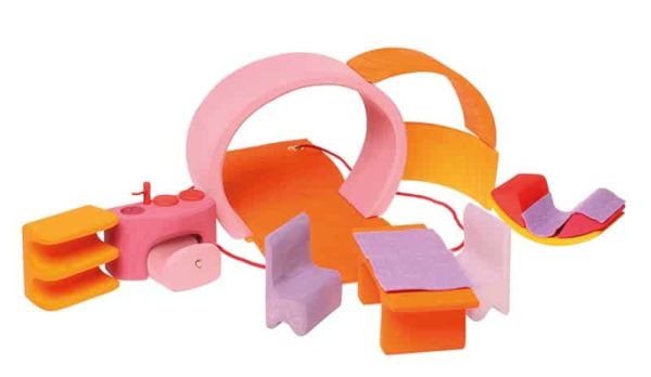 Pink-orange caravan / Portable wooden play set - Grimm's