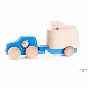 Bajo blue truck with horse and trailer : Handmade sustainable wooden toy vehicle