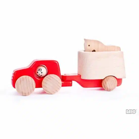 Bajo red truck with horse and trailer : Handmade sustainable wooden toy vehicle