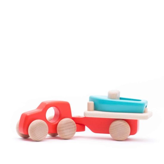 Handmade sustainable wooden toy vehicle Red truck with boat and trailer - Bajo