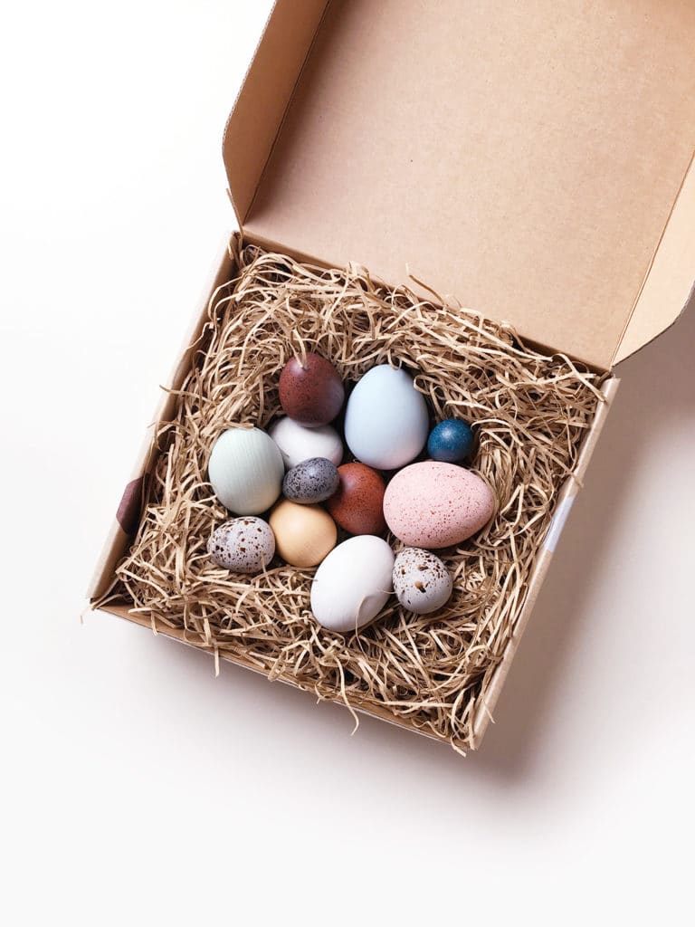 A dozen wooden bird eggs in a box Moon Picnic