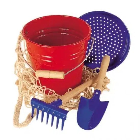 Child size gardening sand tools 4-piece metal bucket set red/blue - Glückskäfer