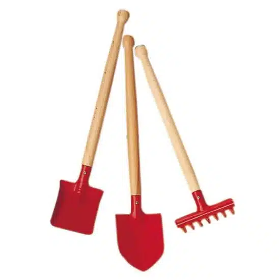 child size wooden gardening tools Garden tool set 3 pieces 39cm red - Glückskäfer
