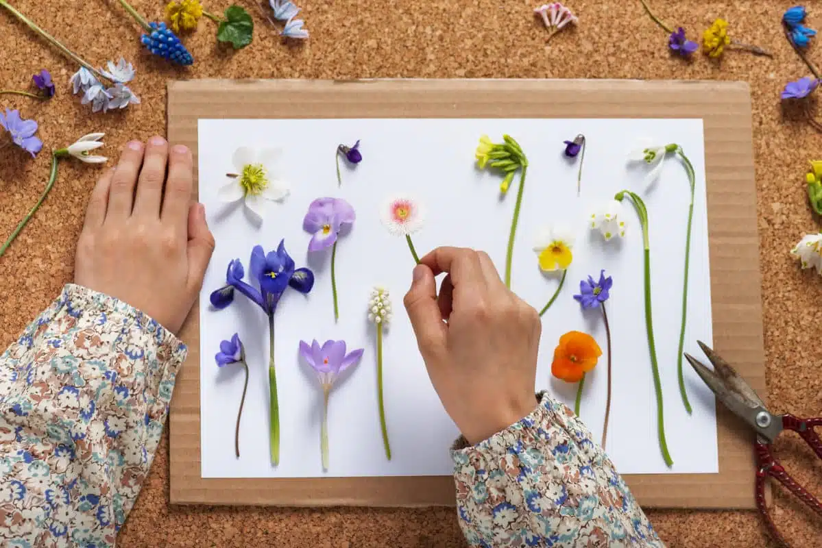 Pressing flowers with children