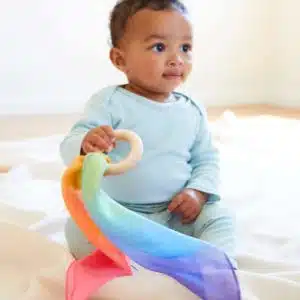 Silk & wood baby teether in rainbow colours - Sarah's Silks