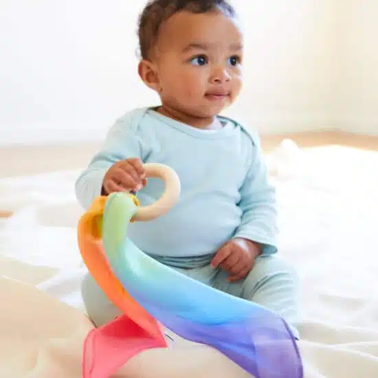 Silk & wood baby teether in rainbow colours - Sarah's Silks