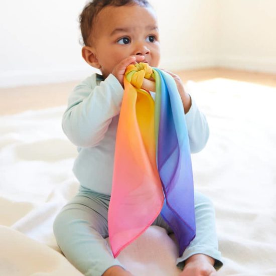 Silk & wood baby teether in rainbow colours - Sarah's Silks