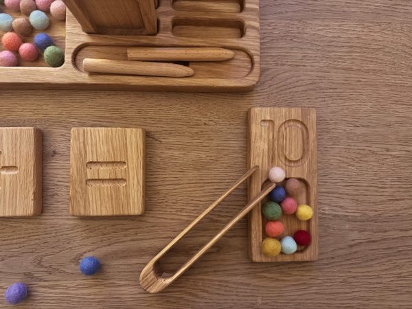 Wooden handmade math set 1-20 board with reversible trays : Montessori inspired learning toy - Threewood