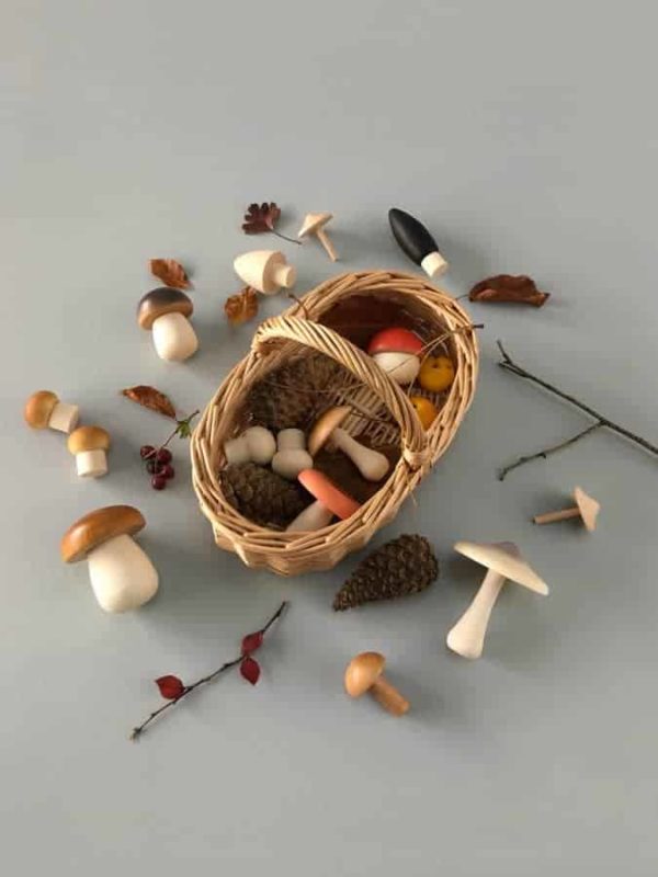 Champignons de forêt en bois faits main dans un panier - Moon Picnic & Erzi