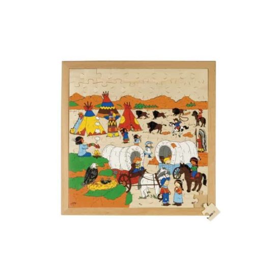 A high quality large wooden jigsaw story puzzle depicting cowboys from Dutch brand Educo - with 100 sturdy wooden puzzle pieces.