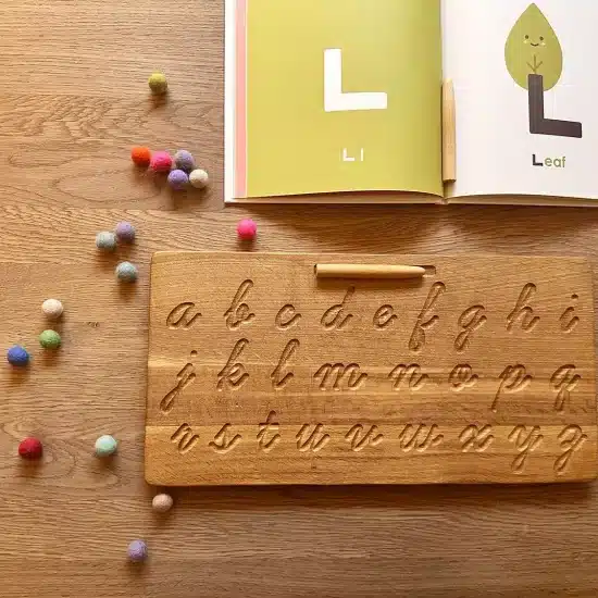 Wooden alphabet tracing board cursive lower and uppercase Threewood Montessori inspired learning toy