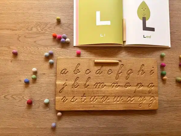 Wooden alphabet tracing board cursive lower and uppercase Threewood Montessori inspired learning toy