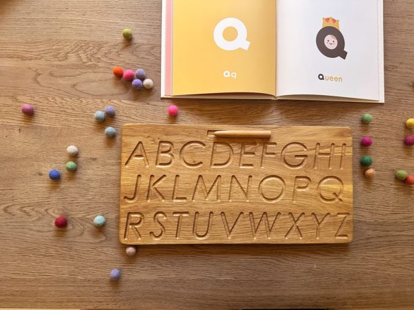 Wooden alphabet tracing board print Threewood Montessori inspired learning toy