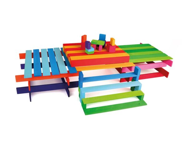 Wooden rainbow coloured building rods & mosaic tiles combi box Bauspiel