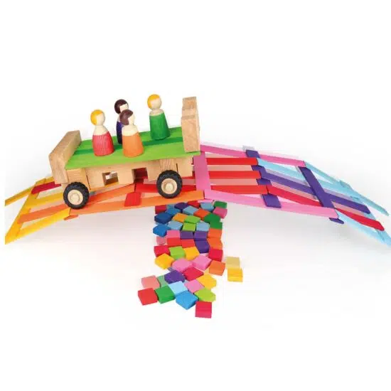 Wooden rainbow coloured building rods & mosaic tiles combi box Bauspiel