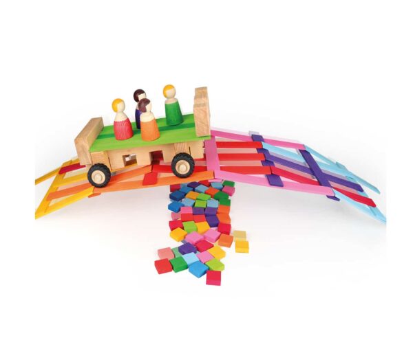 Wooden rainbow coloured building rods & mosaic tiles combi box Bauspiel