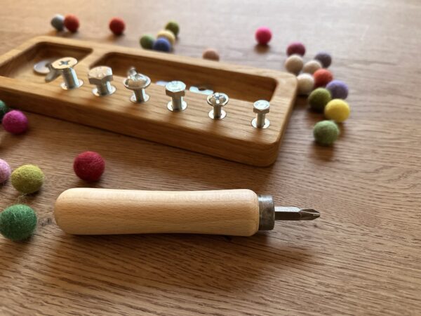 Threewood screw board handmade Montessori inspired sensorial learning toy