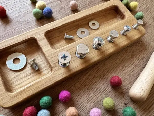 Threewood screw board handmade Montessori inspired sensorial learning toy