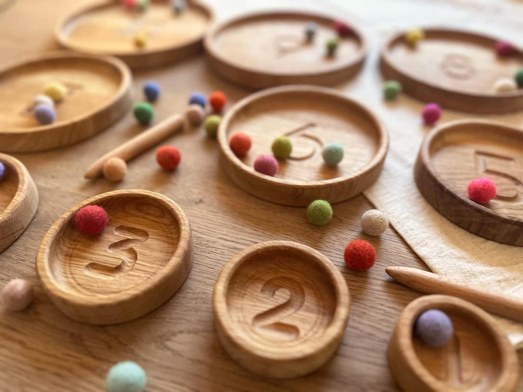 Threewood numbered sorting and counting trays Montessori inspired 
