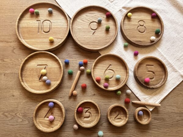 Threewood numbered sorting and counting trays Montessori inspired 