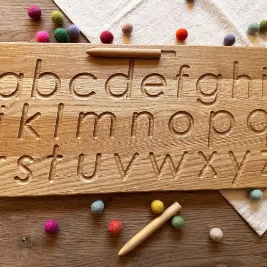 Wooden alphabet tracing board english print Threewood Montessori inspired learning toy