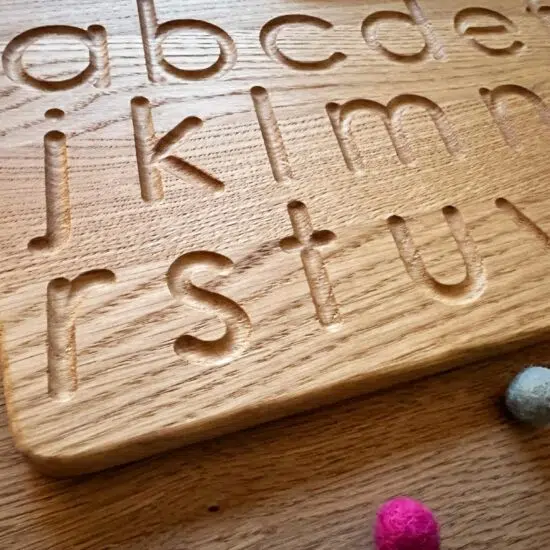 Wooden alphabet tracing board english print Threewood Montessori inspired learning toy