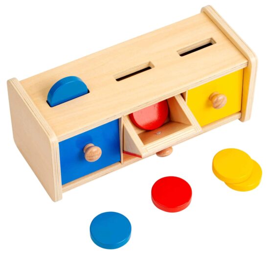 Montessori Holzkasten mit drei Fächern und Scheiben Kleinkinder Educo