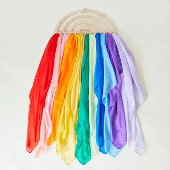 Large wooden rainbow playsilk display Sarah's Silks