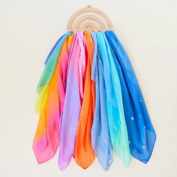 Wooden rainbow playsilk display Sarah's Silks