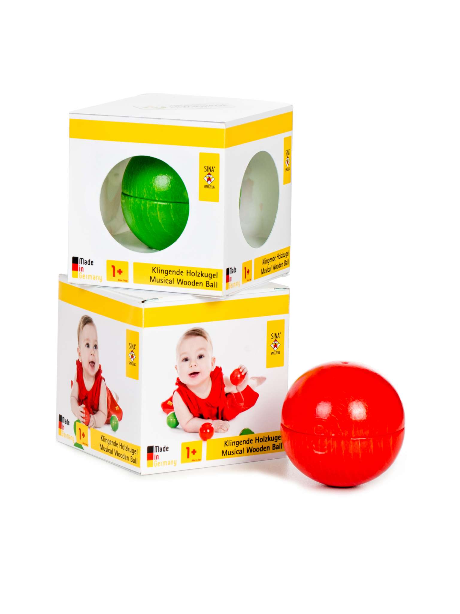 Handmade wooden sensory baby toy Musical ball red green SINA Spielzeug