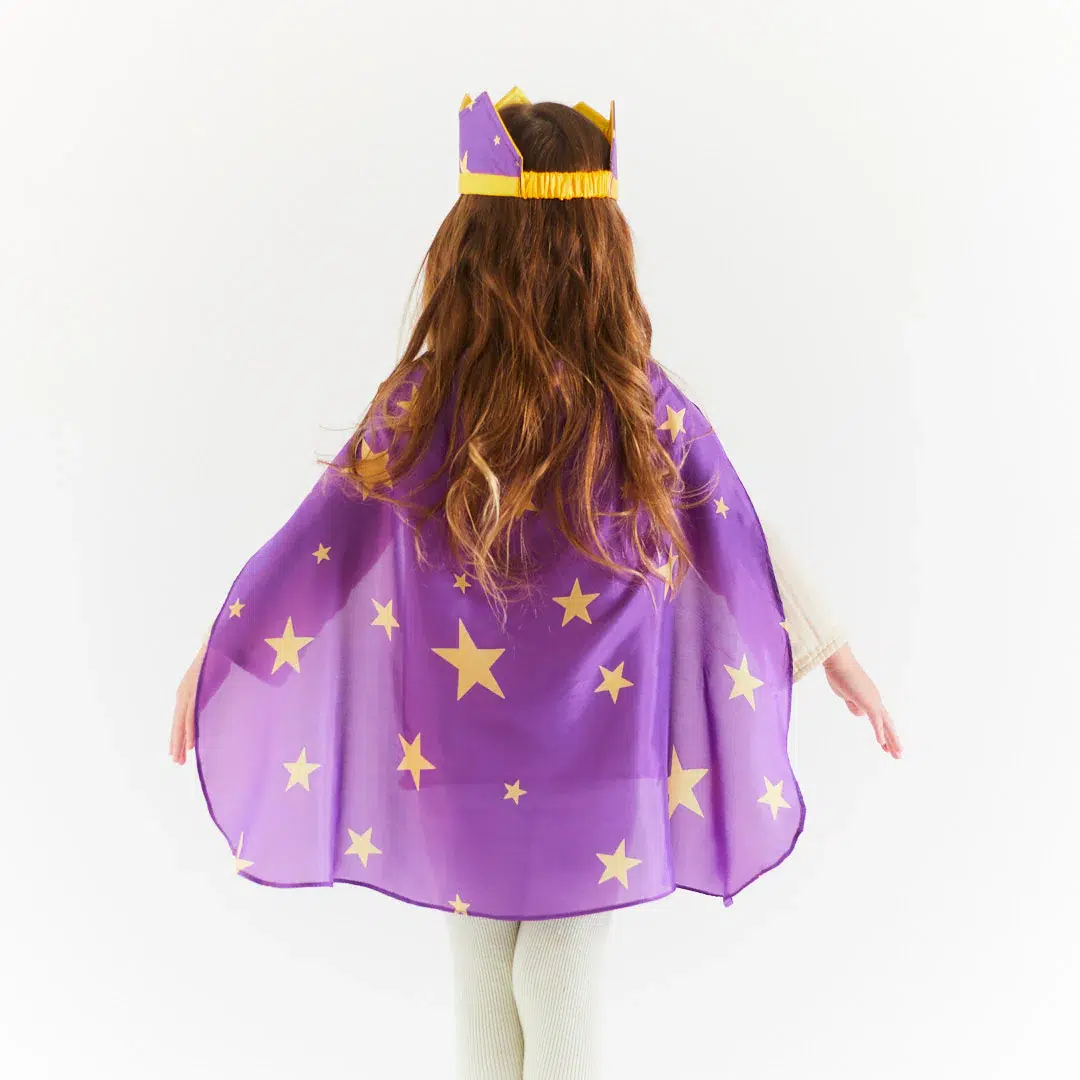 Waldorf inspired natural silk cape crown purple with stars Sarah's