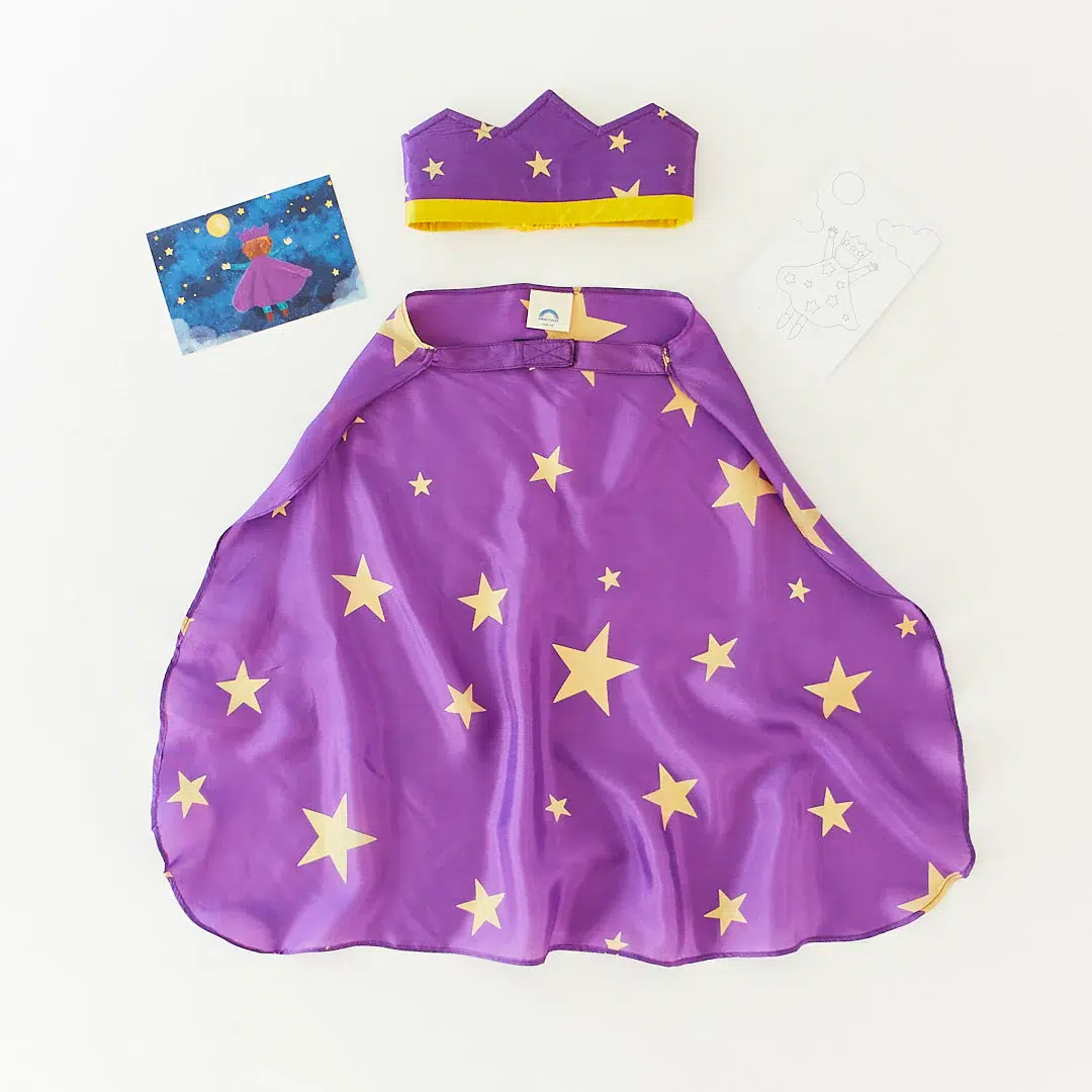 Waldorf inspired natural silk cape crown purple with stars Sarah's